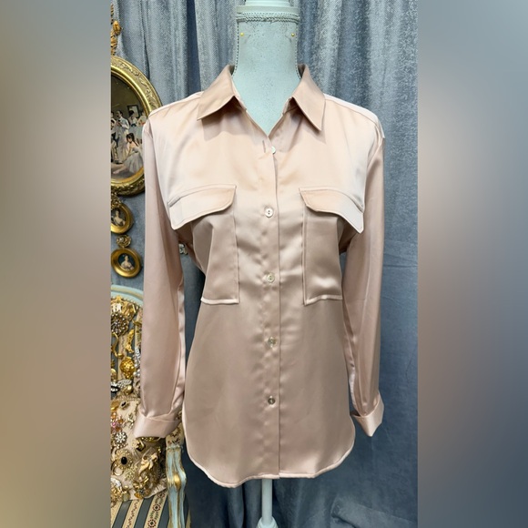 Silky Beige Button-Front Women's Shirt with Jewelry Set - Picture 2 of 14